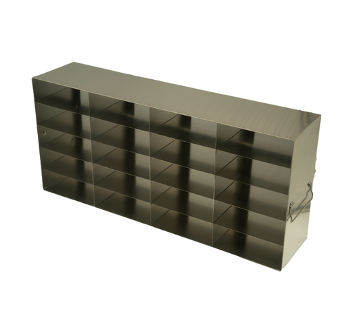 [FR-2-20-100] stainless steel laboratory freezer rack for 100 place plastic hinged lid cryo boxes four deep by five high 