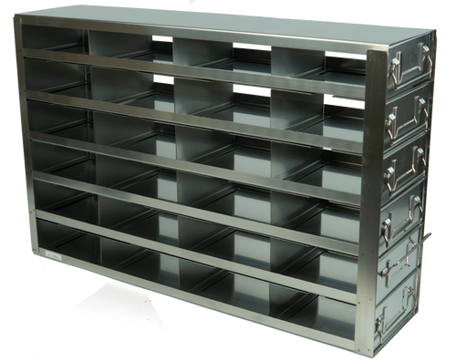 [FR-DRW-2-24] stainless steel laboratory freezer drawer rack for 2 inch cryo boxes 6 tall by 4 deep 