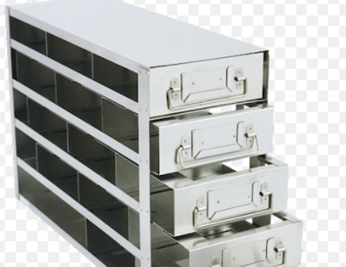 [FR-DRW100-34-12] stainless steel laboratory freezer drawer rack for 100 place plastic hinged lid cryo boxes